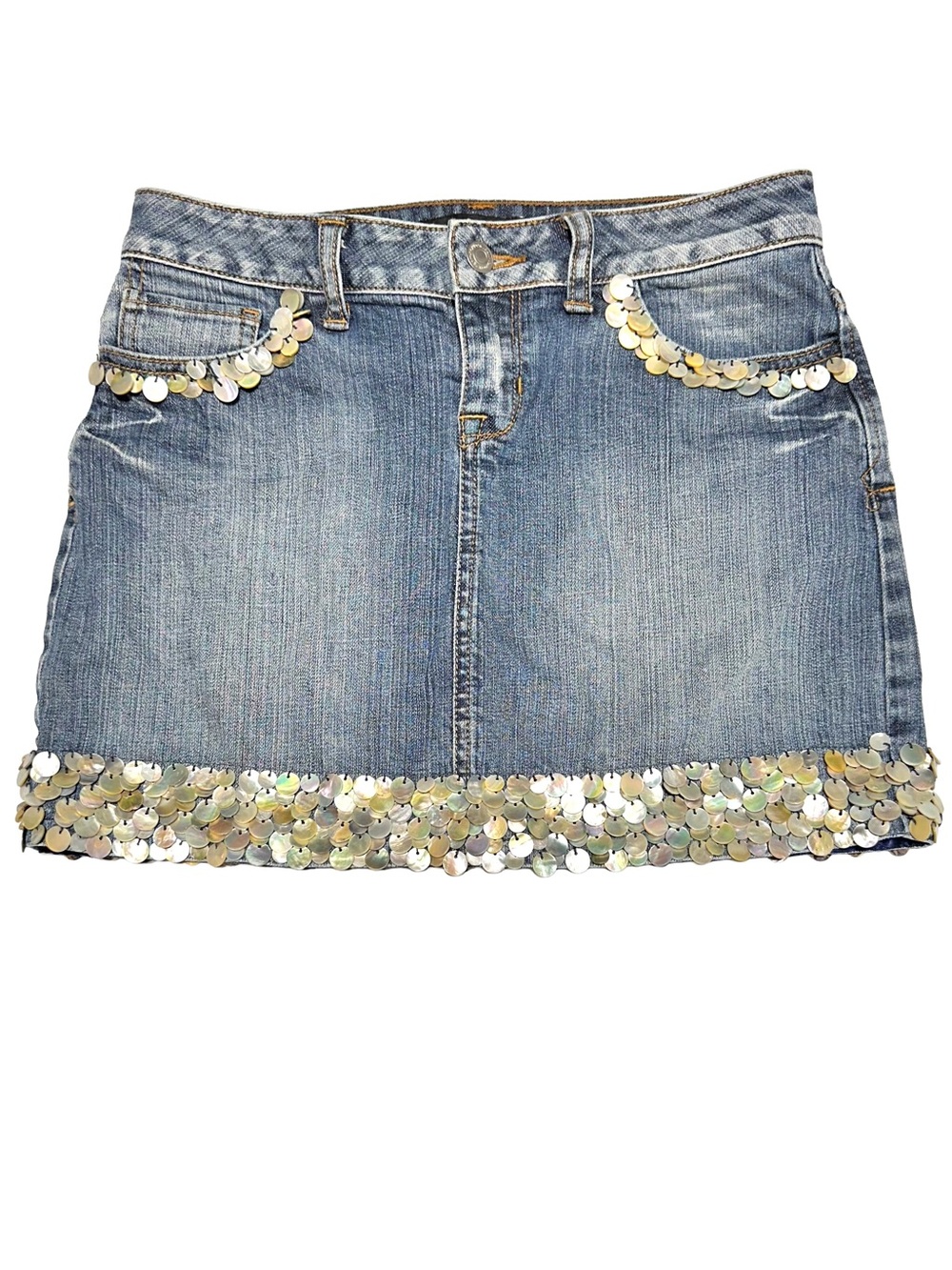 Y2K Low Rise Denim Mini Skirt Mother of Pearl Shell Trim Boho Festival 2000s